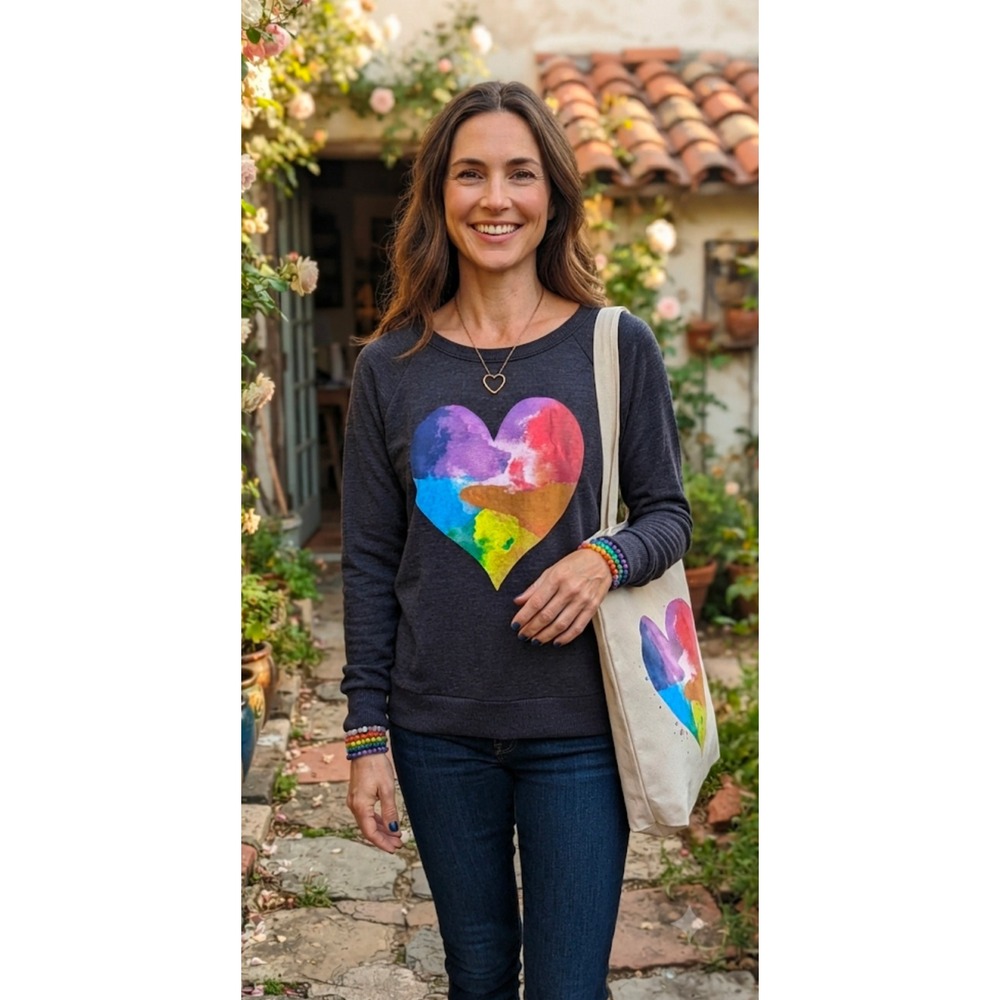 Chaser Brand Watercolor Rainbow Heart Sweatshirt Charcoal Gray Raglan Small